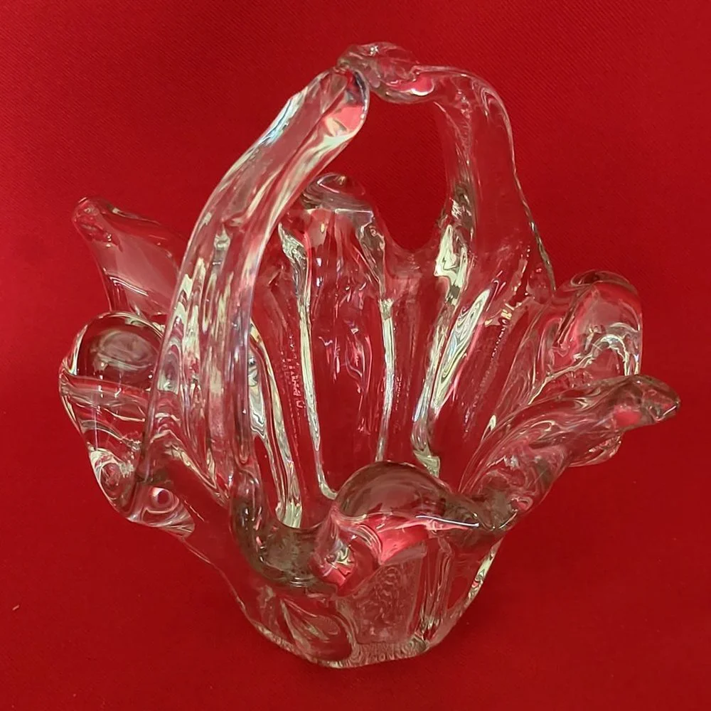 VTG Clear Art Glass Basket Trinket Bowl Candy Dish